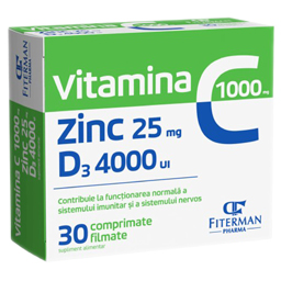 Vitamina C 1000 mg + Zinc 25 mg + D3 4000 UI, comprimate filmate